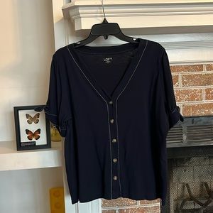 Loft Navy Blue V Neck Button Blouse with Cute Bows on Sleeve